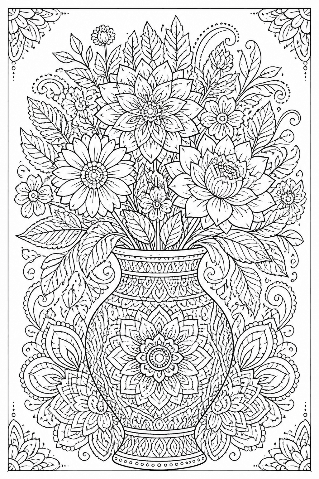 Flower Vase coloring page featuring an intricate vase of flowers with decorative patterns and leaves.
