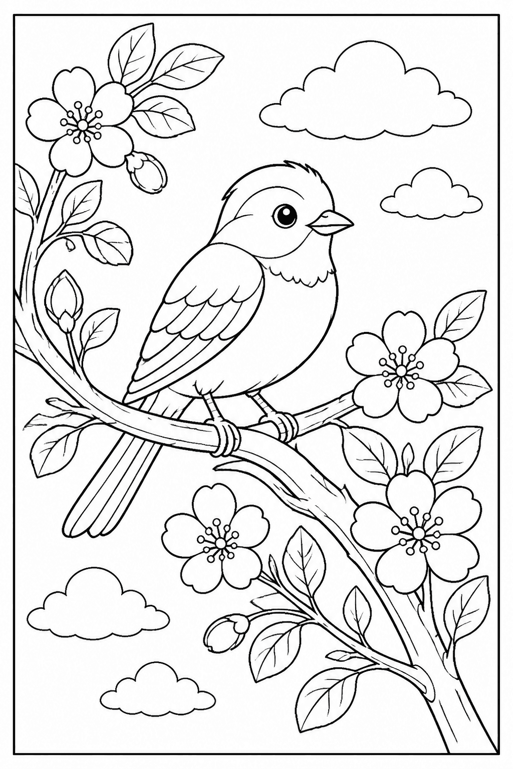 Garden Bird coloring page featuring a small bird on a branch with flowers, leaves, and clouds.