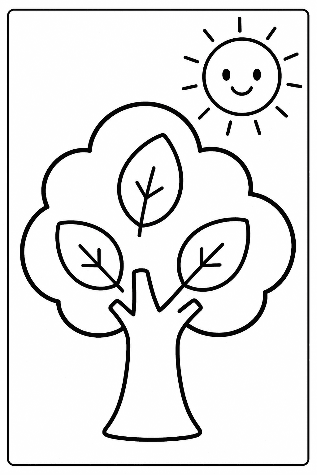 Easy tree coloring page with a cute simple tree and a sun.