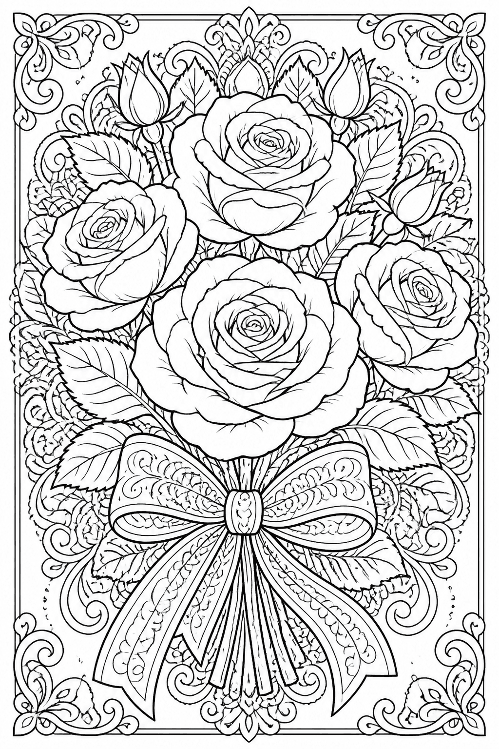 Rose Bouquet coloring page featuring a detailed bouquet of roses with leaves, ribbons, and small buds.
