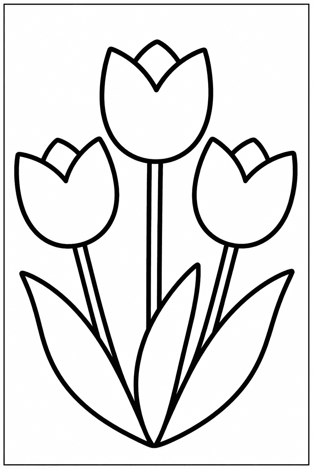 Tulips coloring page featuring three simple tulips with stems, leaves, and bold outlines.