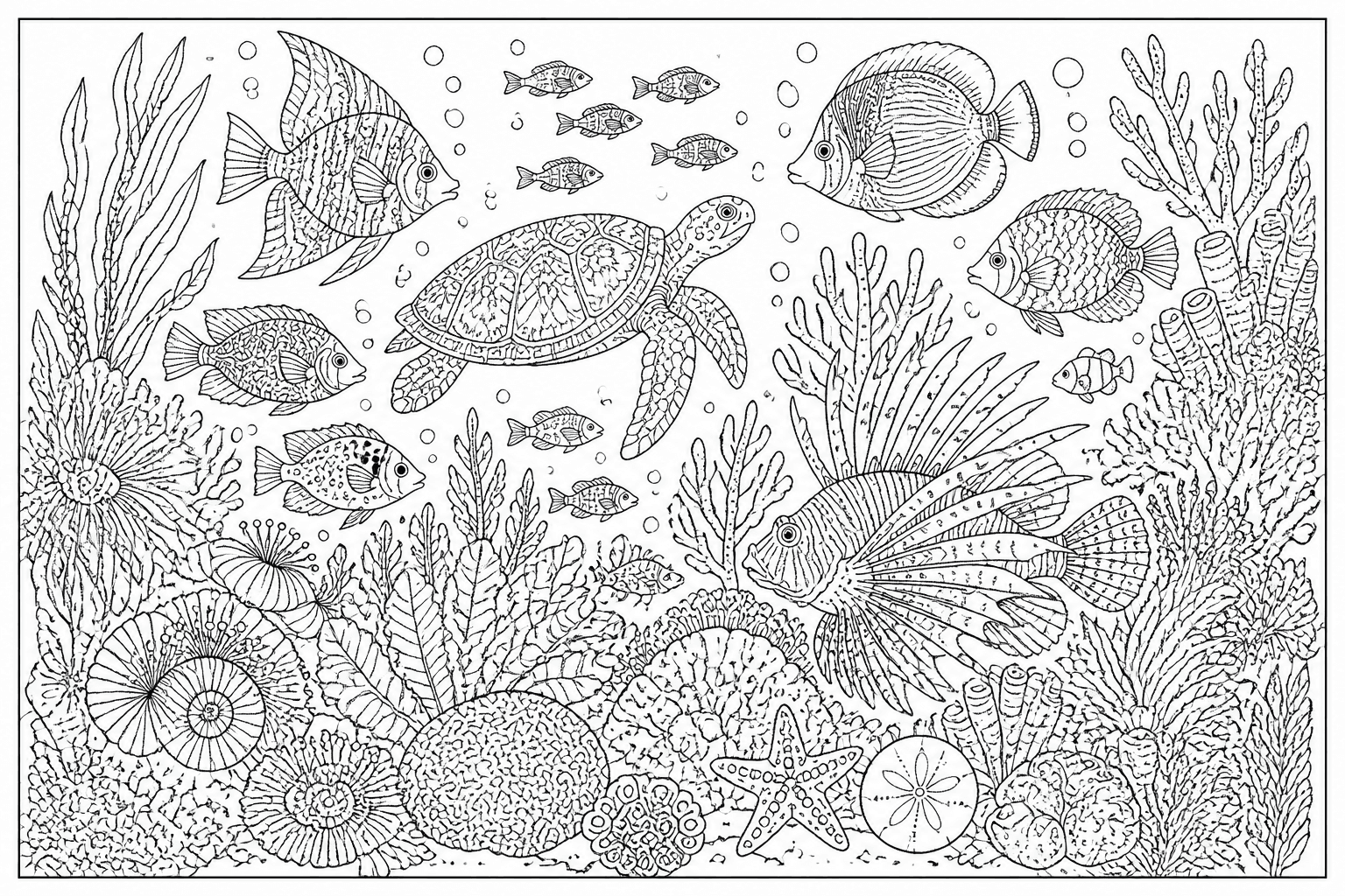 Detailed coral reef coloring page with many fish, coral, and bubbles.