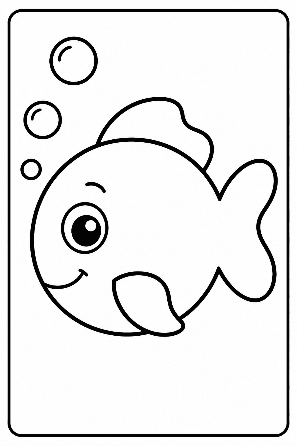 Easy fish coloring page with a cute smiling fish and bubbles.