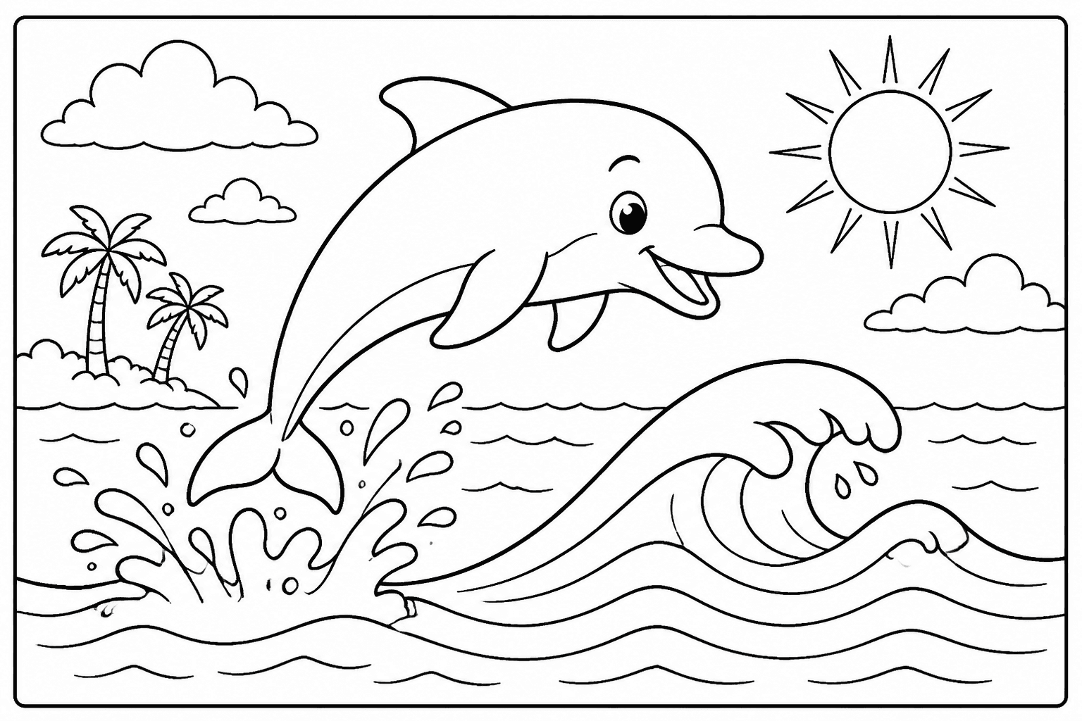 Dolphin coloring page with a playful dolphin jumping over waves and a sun.