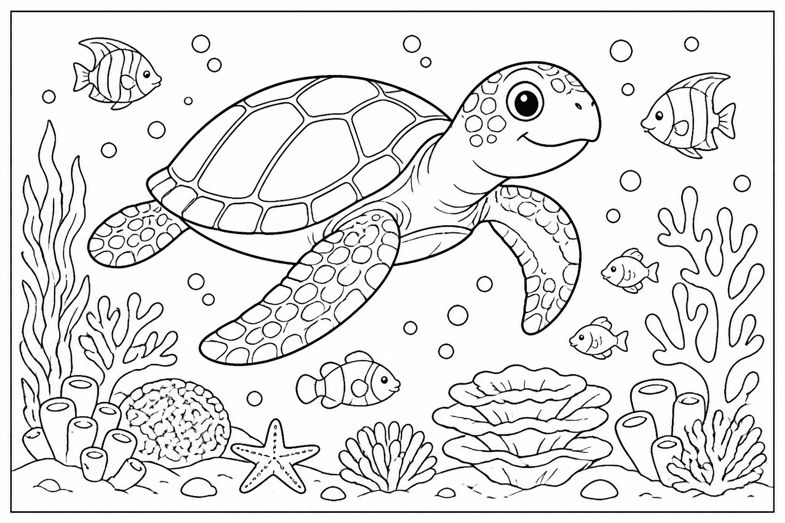 Sea Turtle Reef coloring page featuring a sea turtle swimming over coral with fish and bubbles.