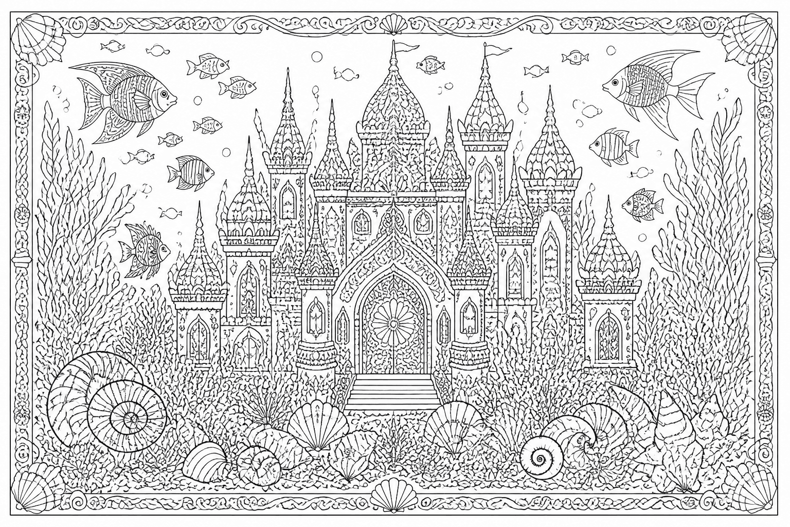 Detailed underwater castle coloring page with coral, fish, and shells.