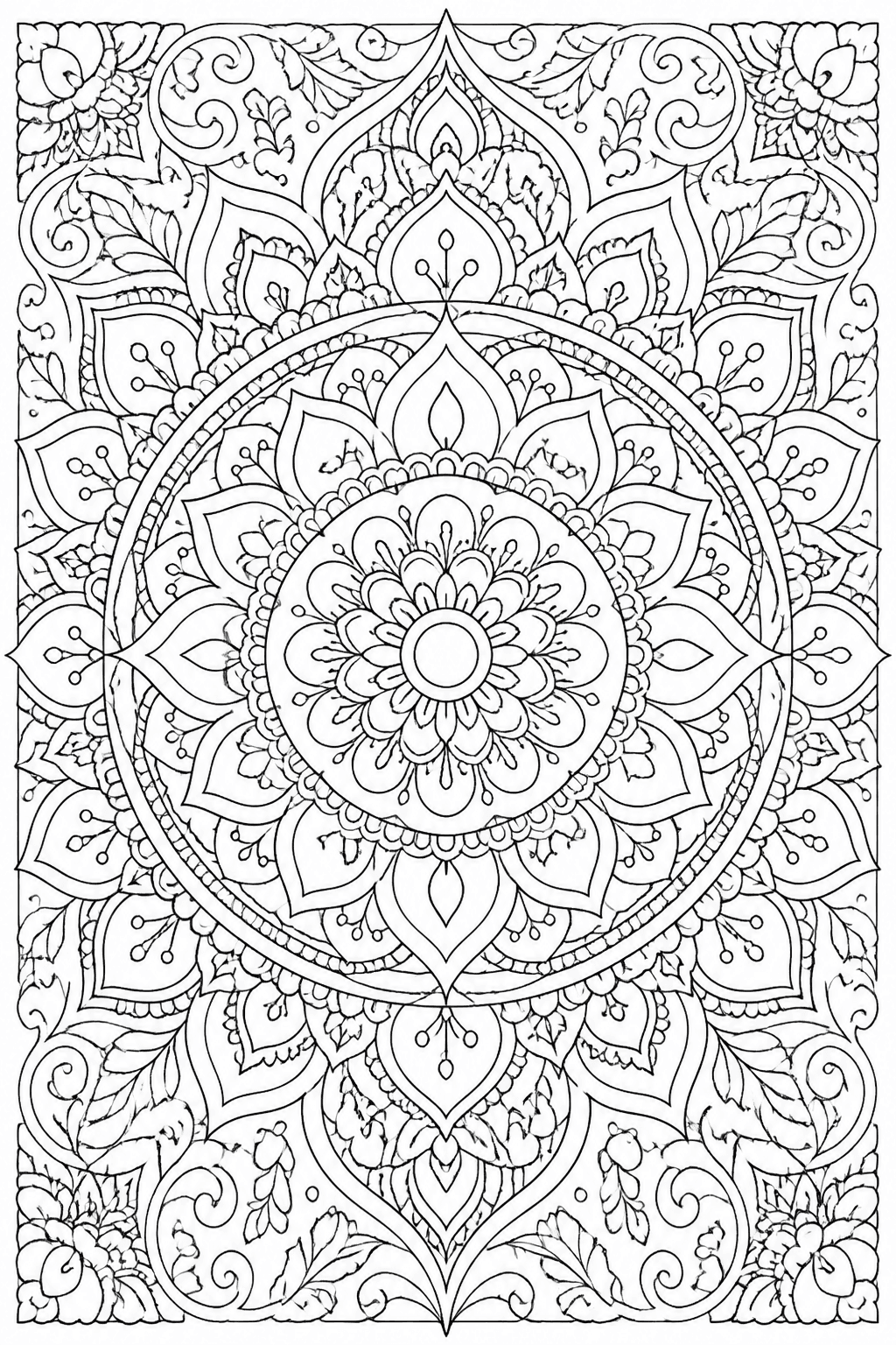 Classic Mandala coloring page featuring a balanced circular mandala with petals, rings, and repeating shapes.