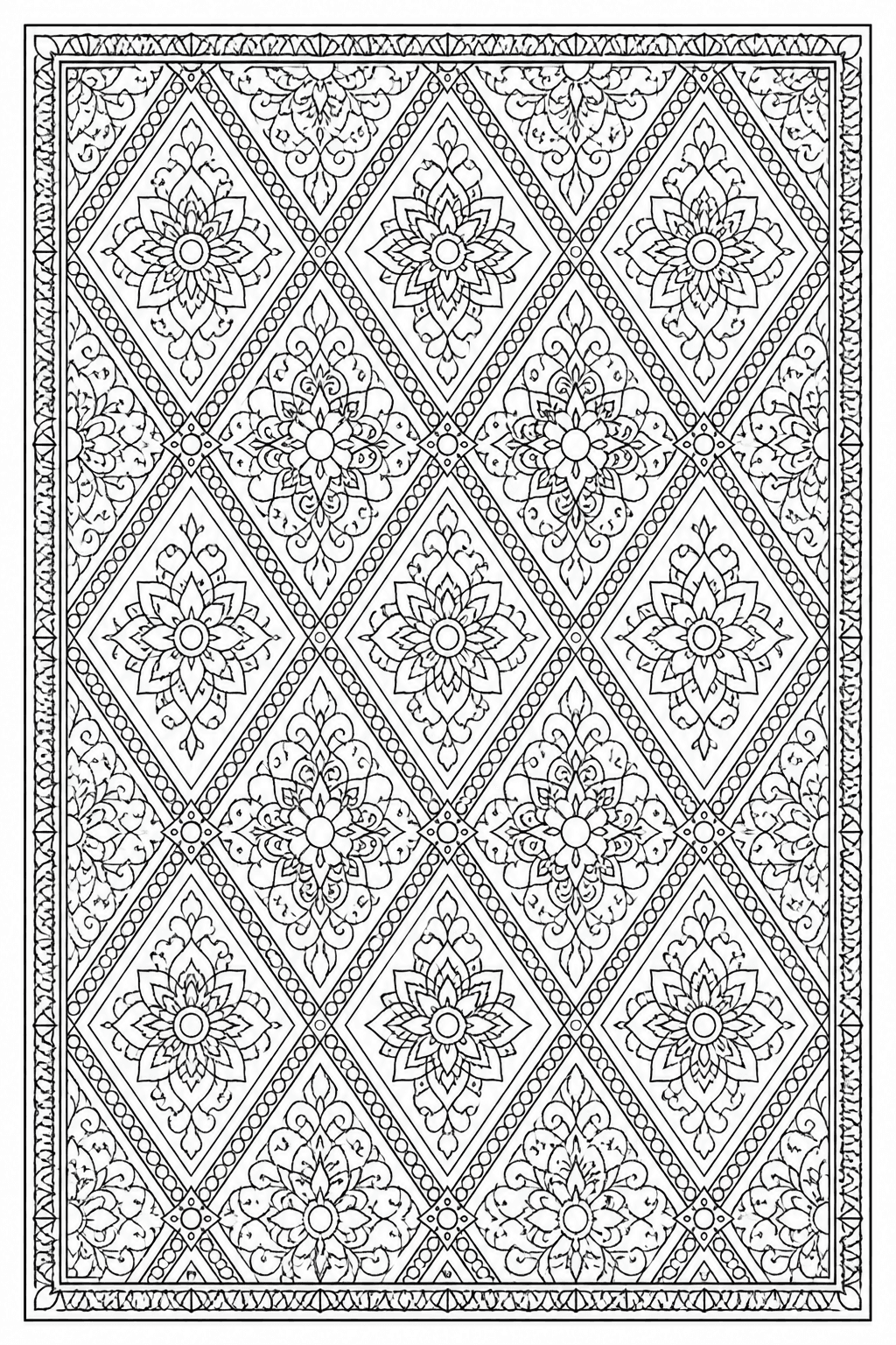 Diamond Pattern coloring page featuring a repeating diamond pattern with crisp shapes and decorative borders.