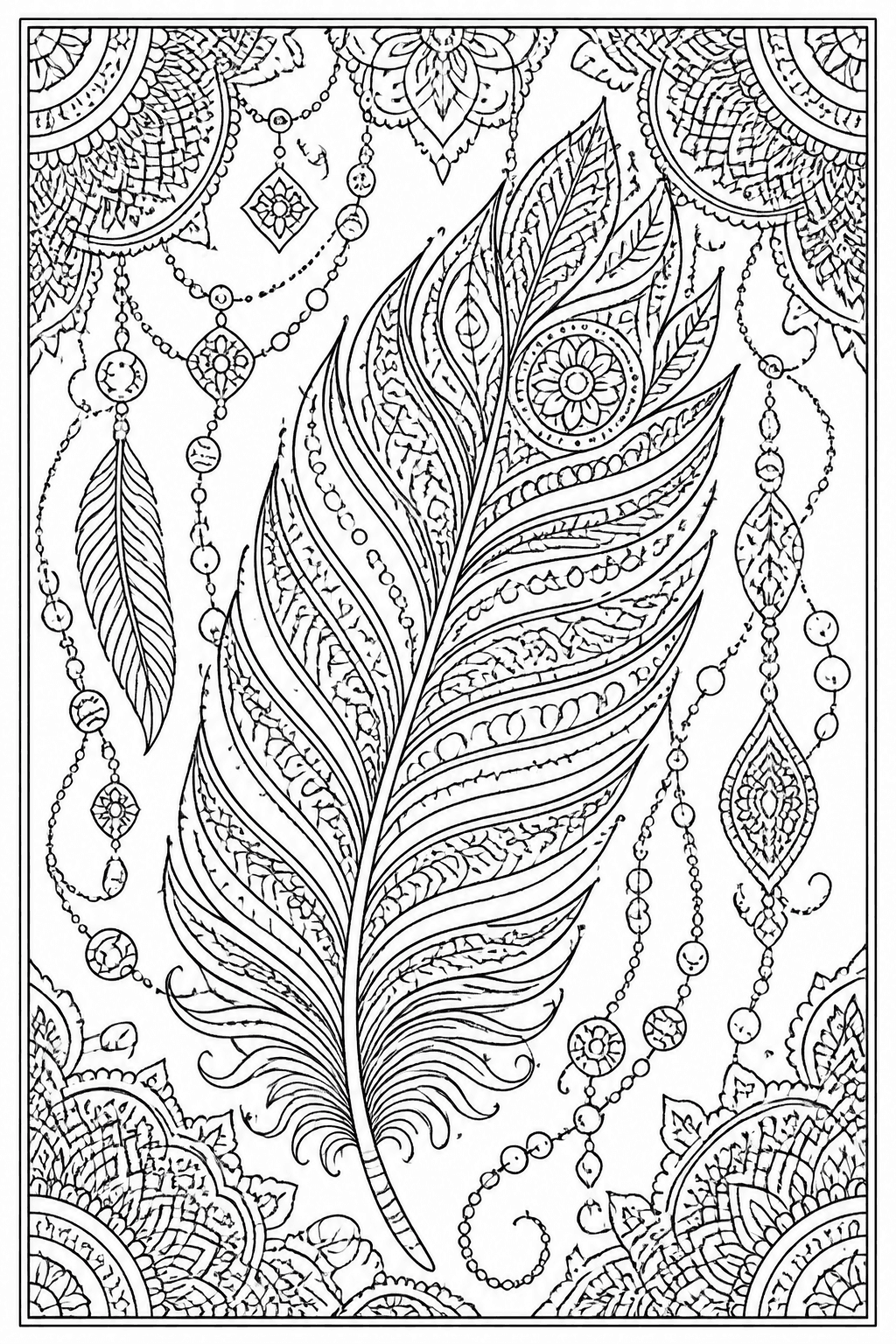 Feather Pattern coloring page featuring an elegant feather pattern with fine lines, beads, and gentle curves.