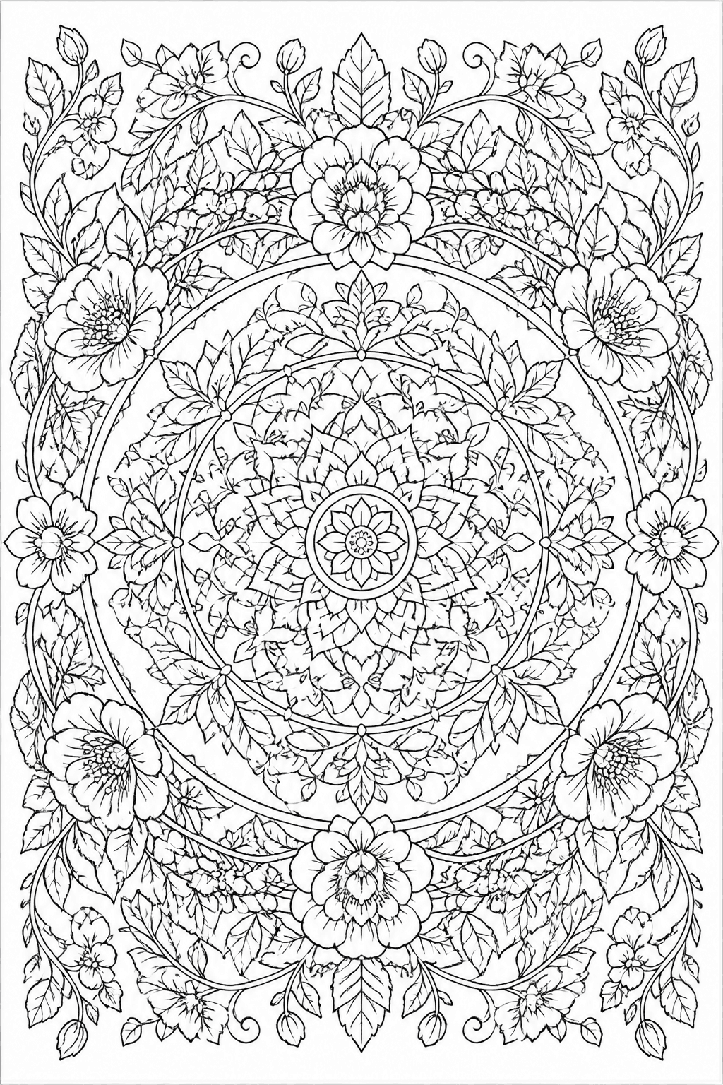 Floral Wreath Mandala coloring page featuring a circular floral wreath mandala with blossoms, leaves, and vines.