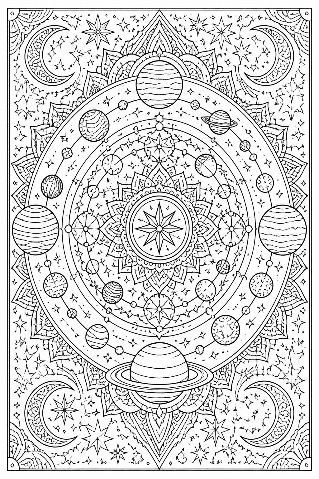 Galaxy Mandala coloring page featuring a galaxy mandala with planets, stars, moons, and orbit rings.