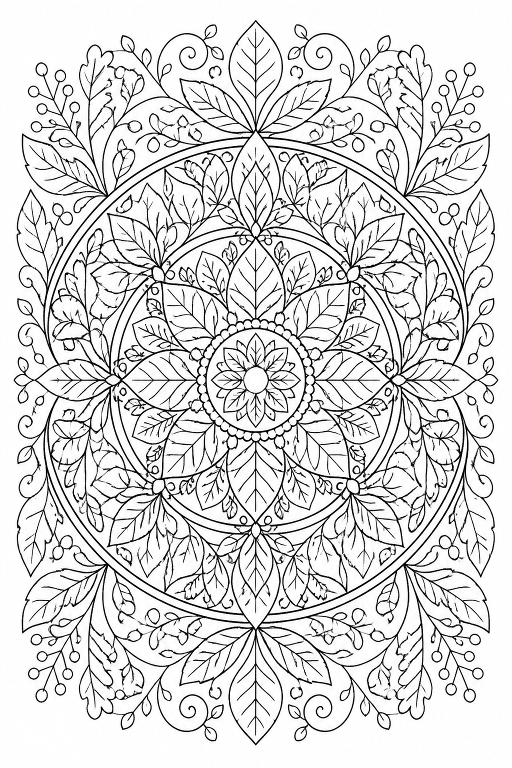 Leaf Mandala coloring page featuring a nature mandala built from leaves, vines, and tiny botanical details.