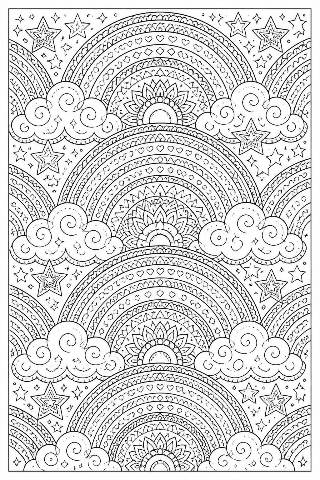Rainbow Pattern coloring page featuring a repeating rainbow pattern with clouds, stars, and decorative bands.
