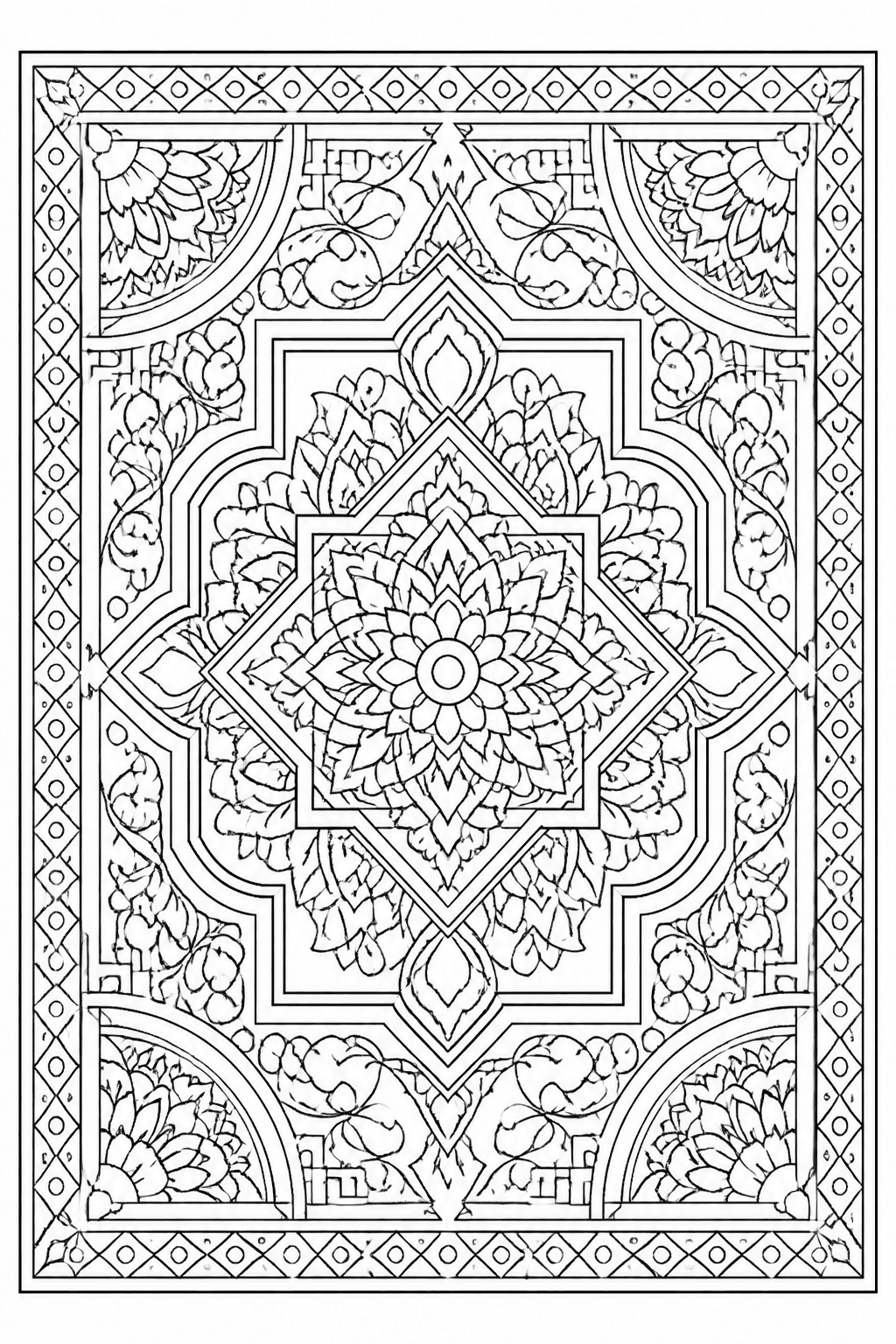 Square Geometric Pattern coloring page featuring a square geometric pattern with tiles, frames, and repeating corners.