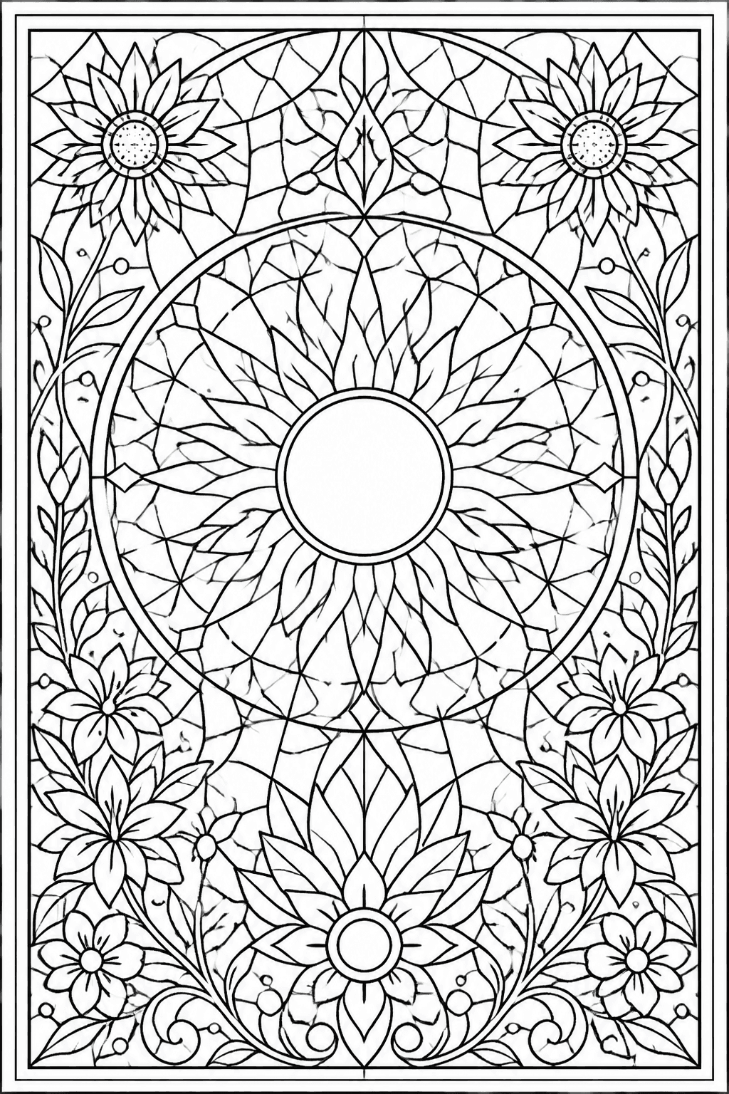Stained Glass Pattern coloring page featuring a stained-glass-style pattern with bold panes, flowers, and sun shapes.