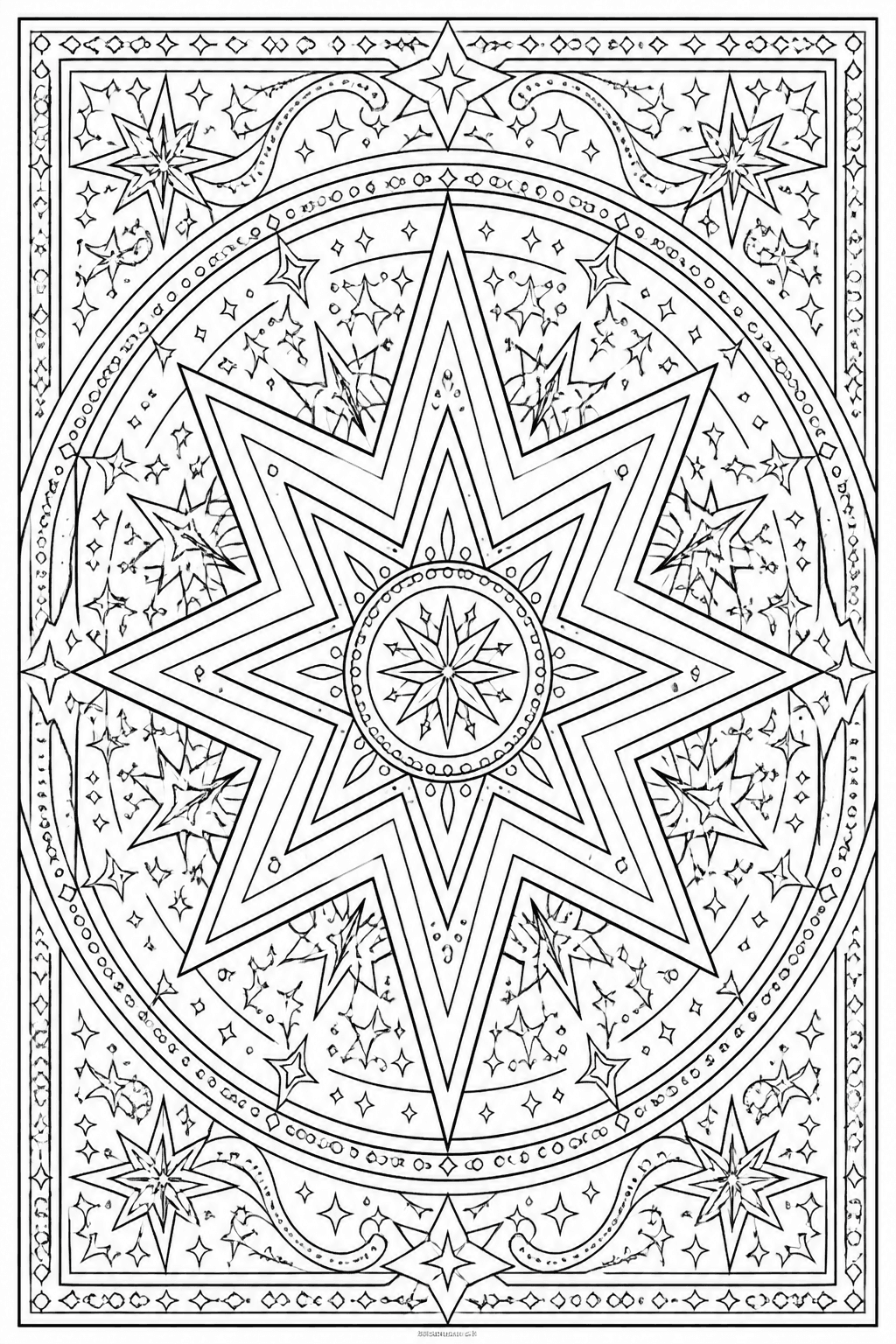 Star Mandala coloring page featuring a detailed star mandala with sparkles, points, and repeating borders.