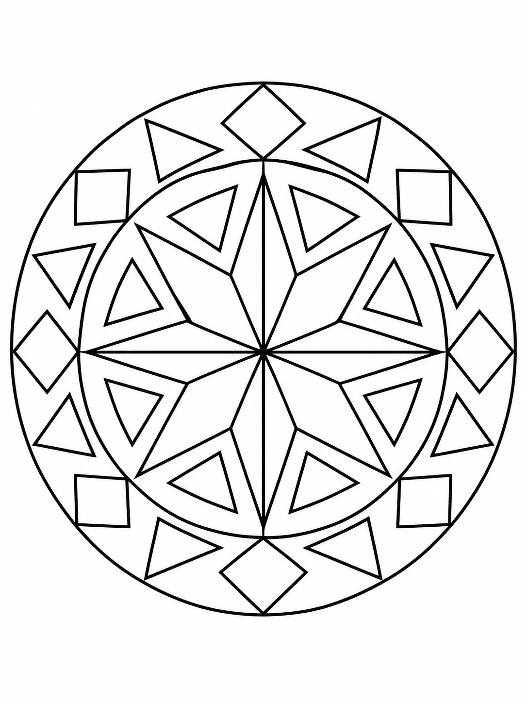 Star Mandala coloring page with a bold eight-point star with broad geometric rings.