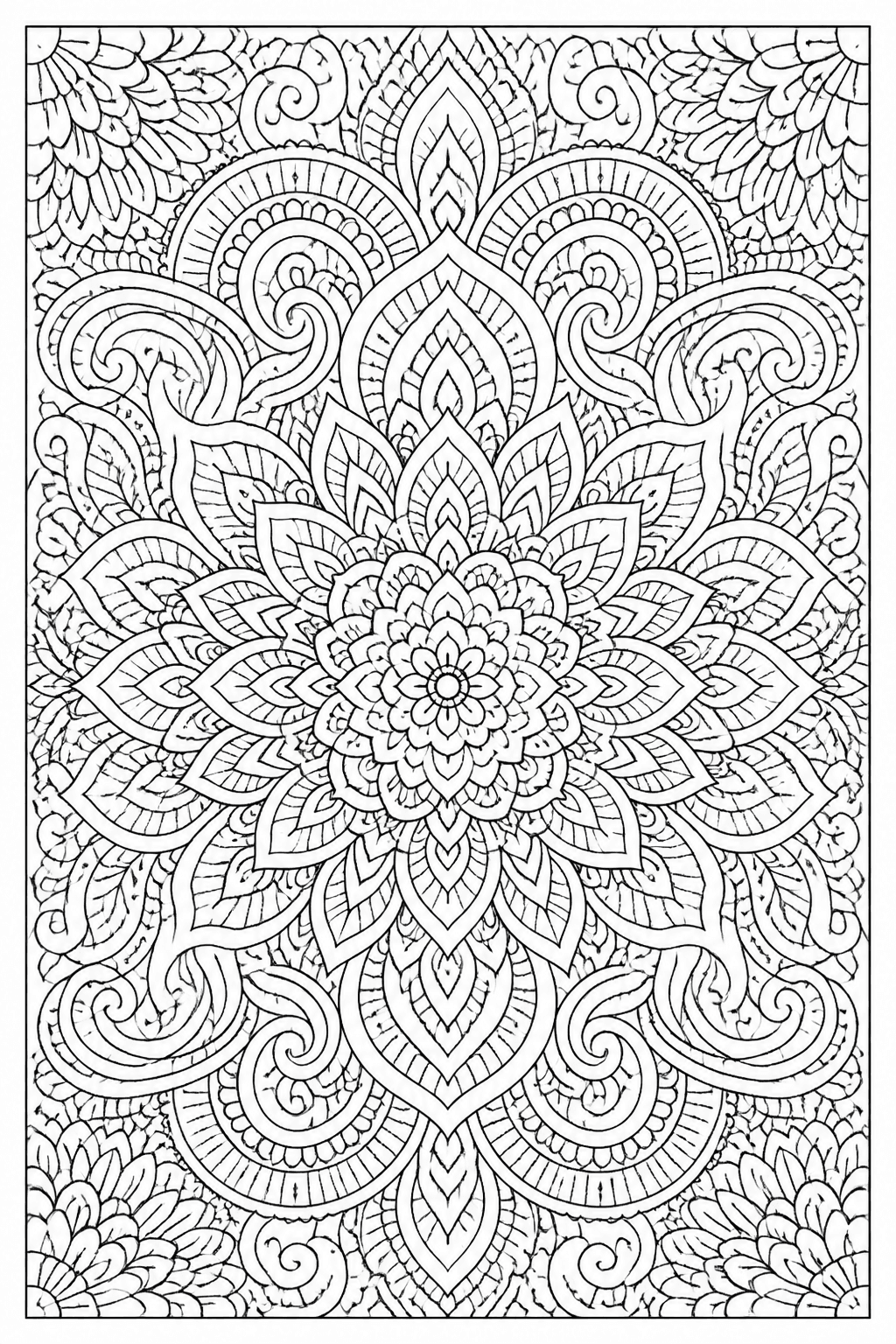 Zen Doodle Pattern coloring page featuring a calm doodle pattern with small sections, curls, dots, and stripes.