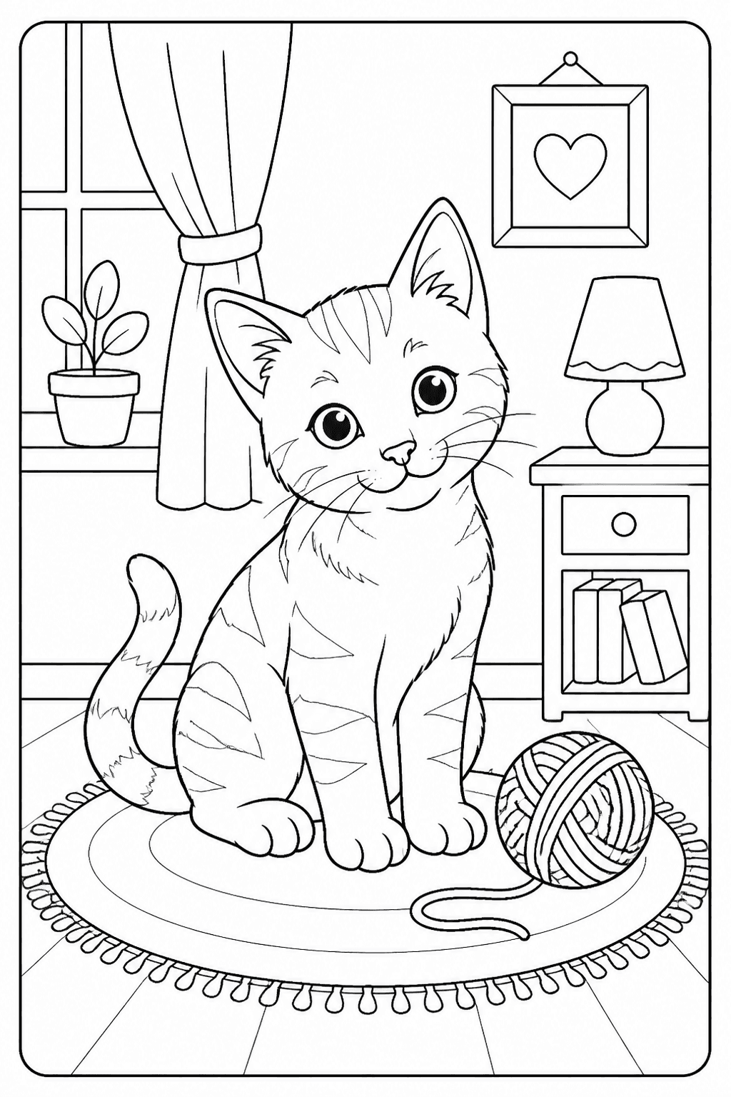 Cat coloring page with a playful cat batting a ball of yarn.