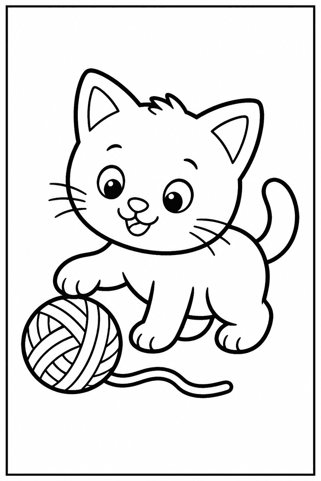 Easy playful kitten coloring page with a kitten and yarn.