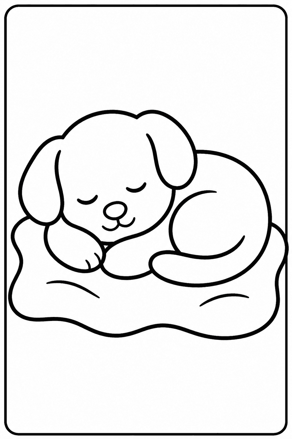 Easy sleepy puppy coloring page with a puppy curled on a blanket.