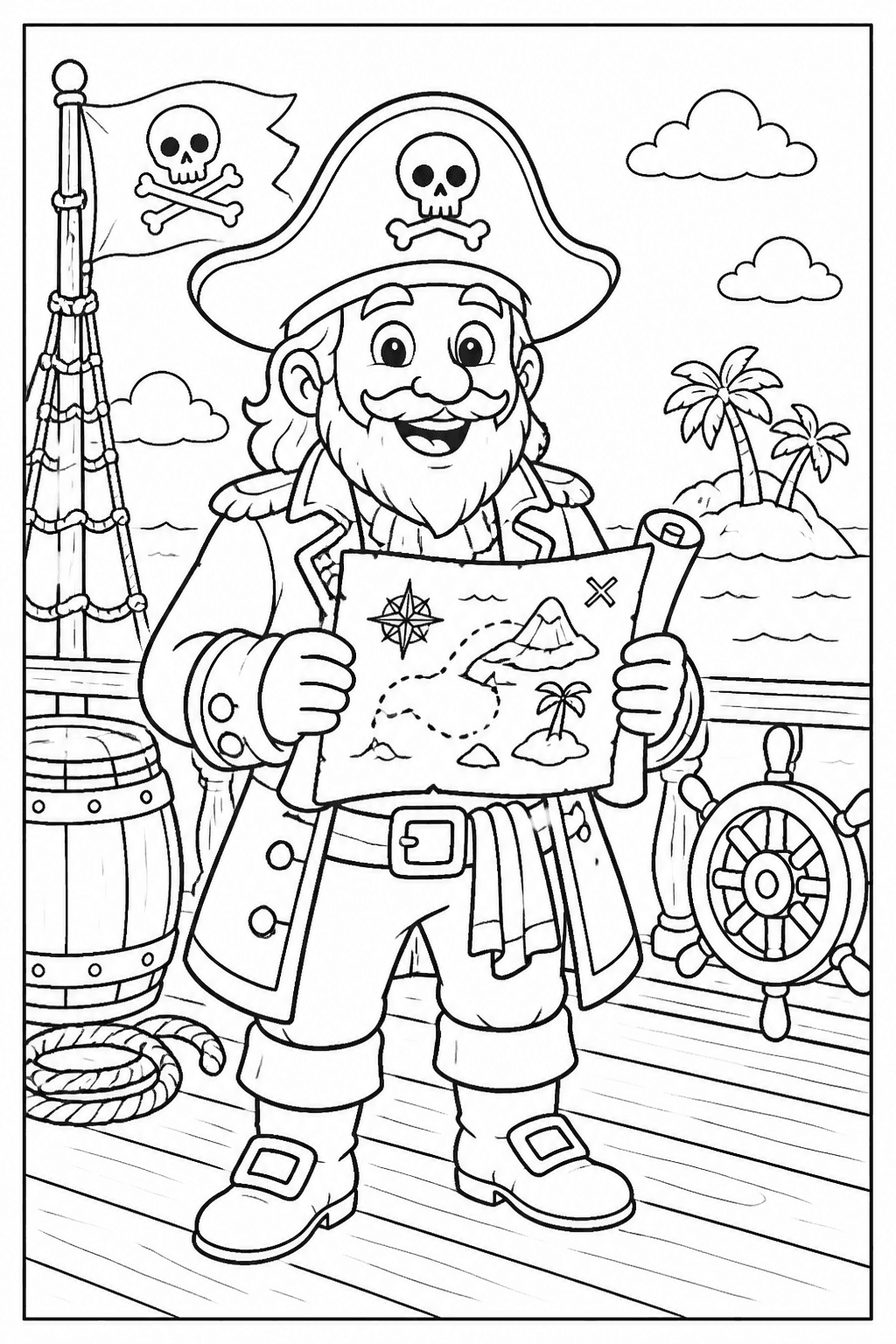 Pirate captain coloring page with a friendly captain holding a map.