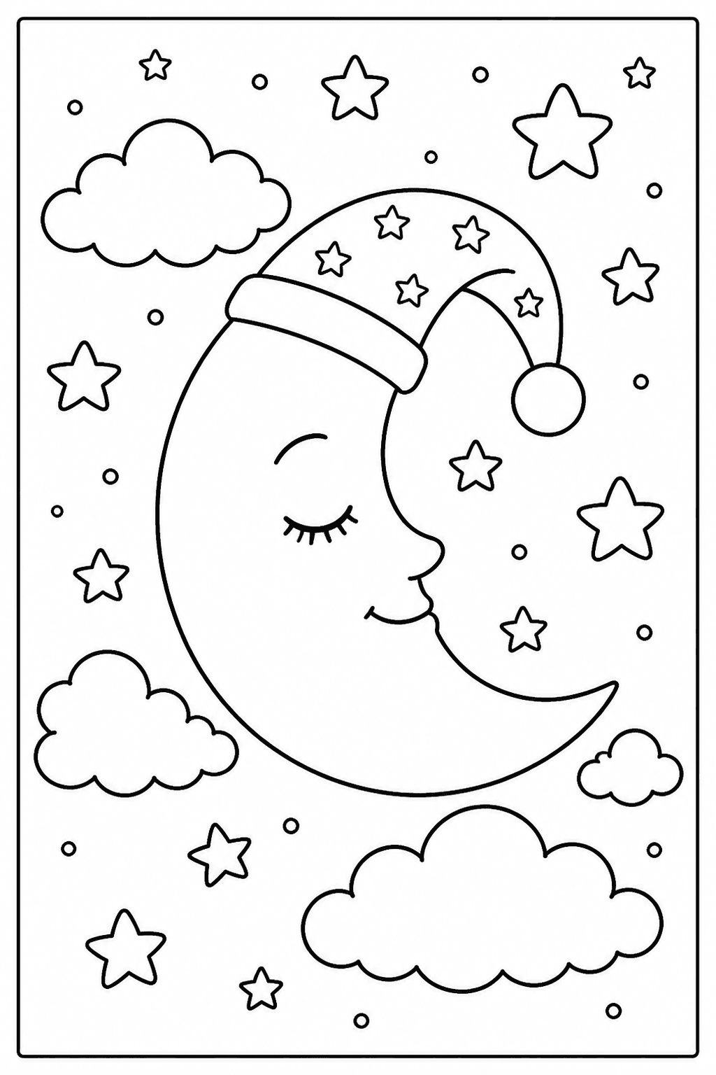 Moon and stars coloring page with clouds and a sleepy moon.