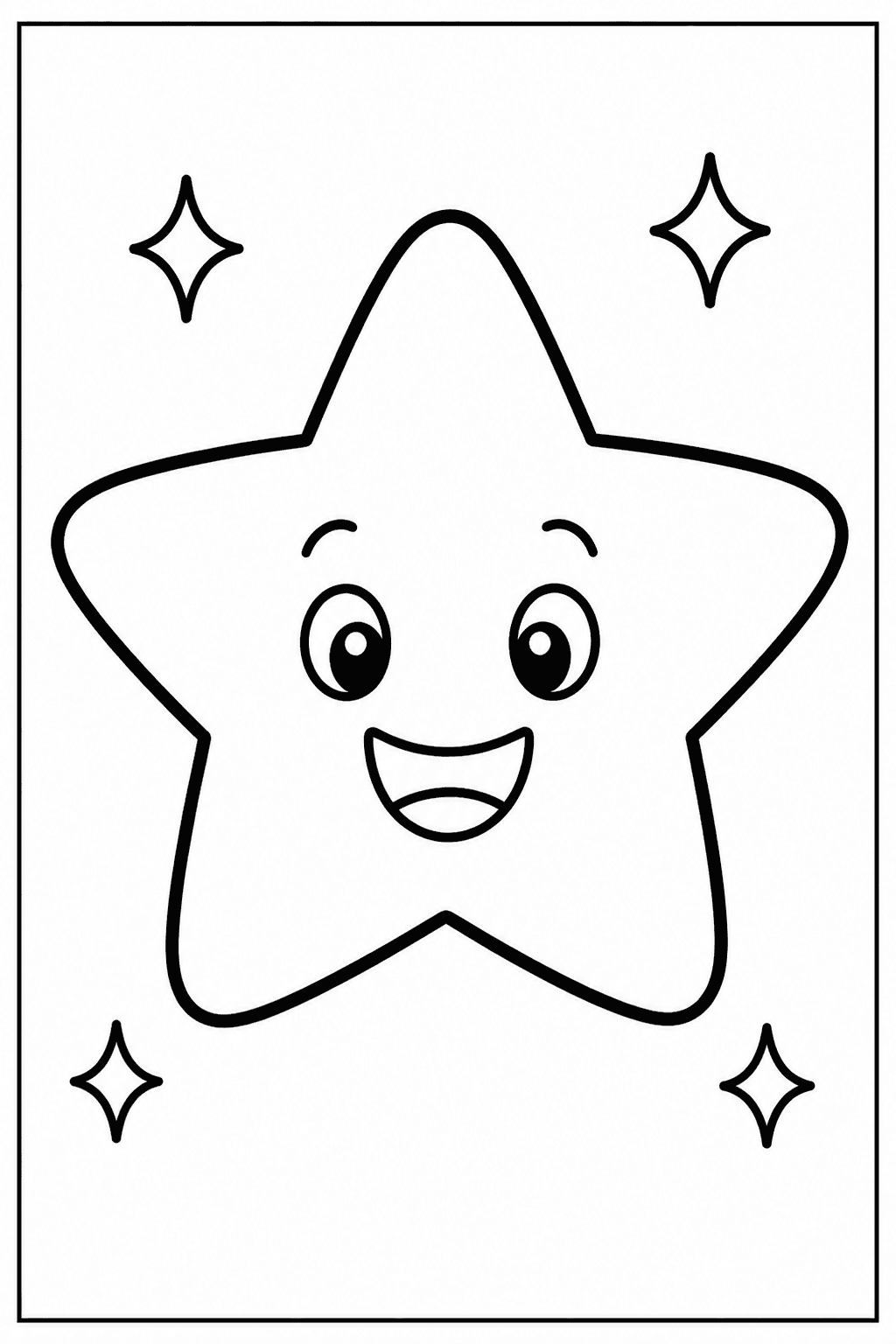 Easy smiling star coloring page with a big star and sparkles.