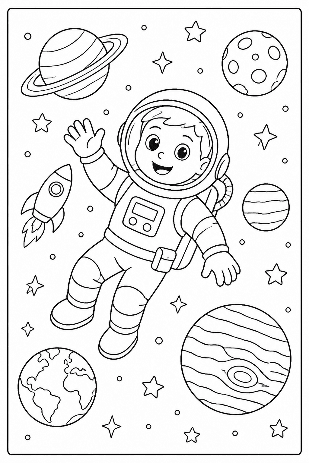 Astronaut coloring page with a friendly astronaut floating among planets and stars.