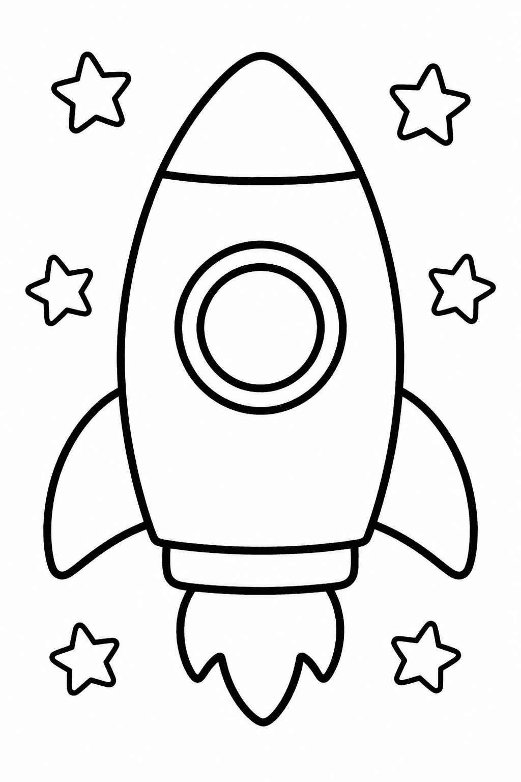 Easy rocket coloring page with a cute simple rocket ship and stars.