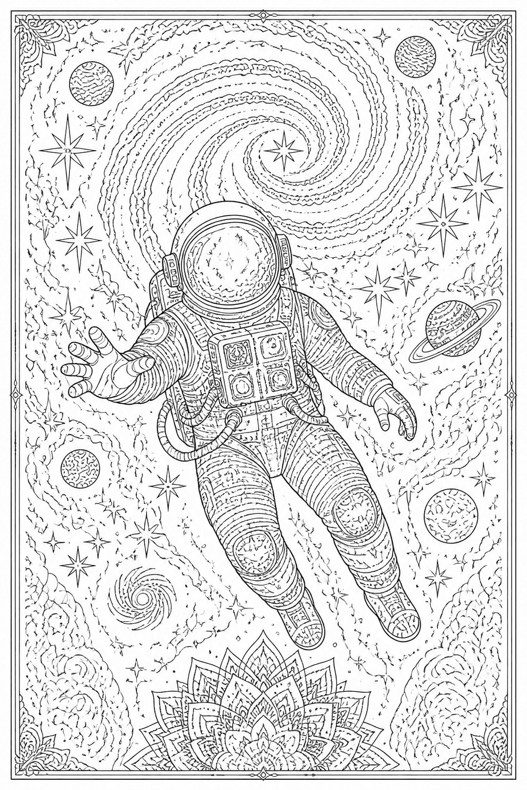 Detailed astronaut coloring page with an intricate galaxy, stars, and nebula.