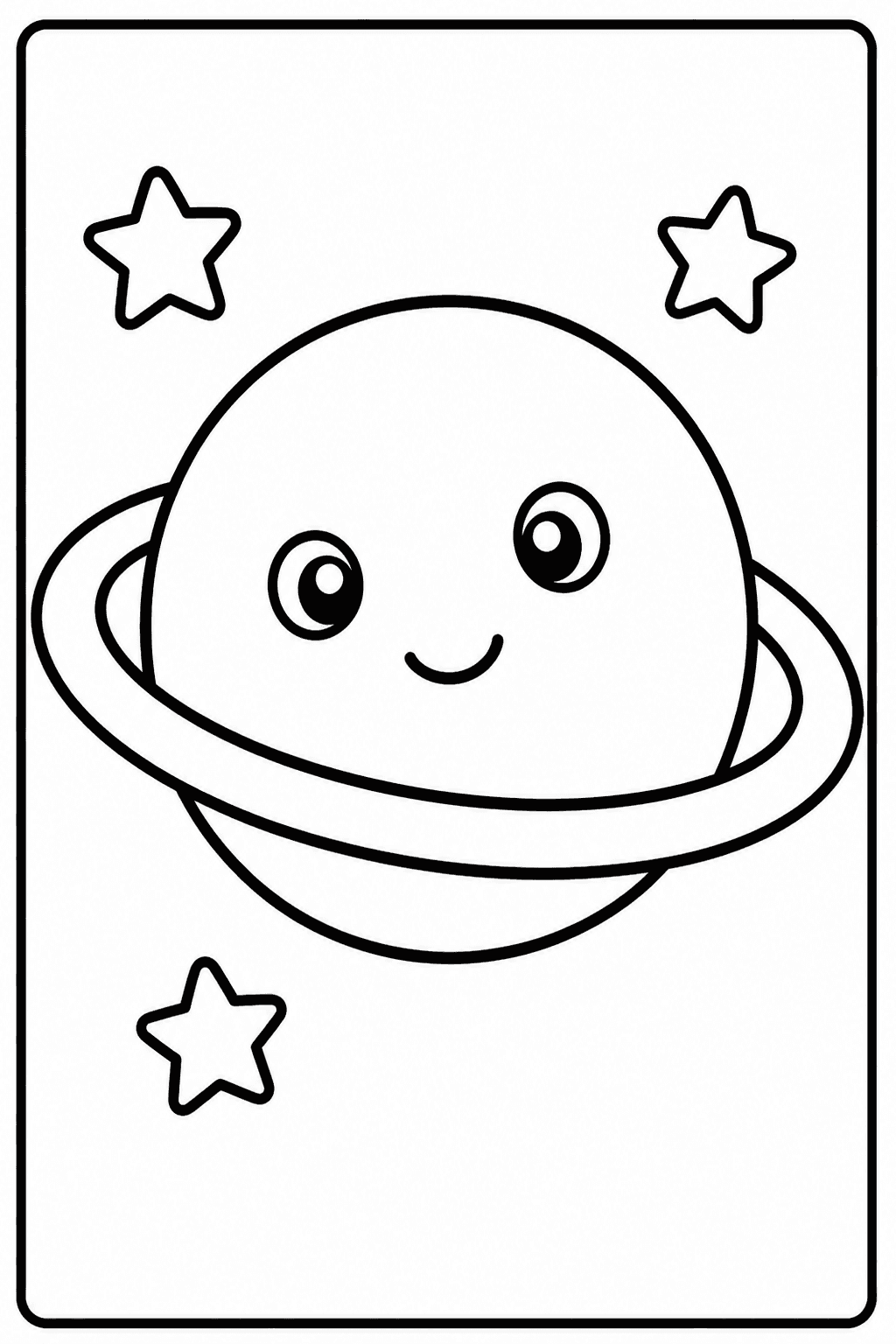 Easy planet coloring page with a smiling planet, a ring, and stars.