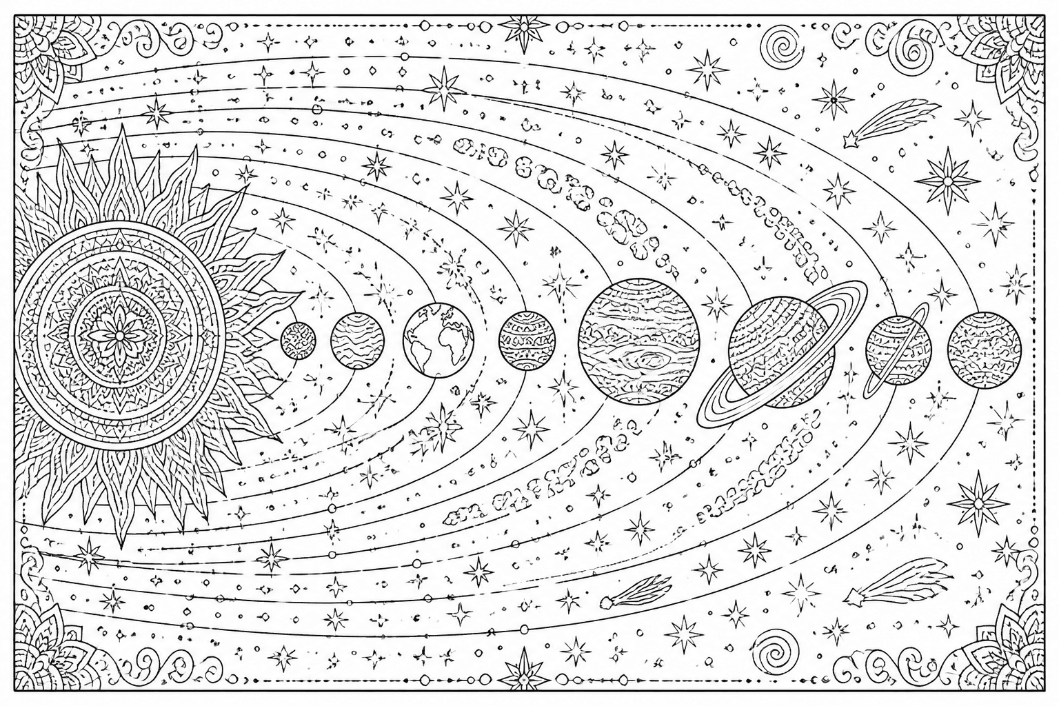 Detailed solar system coloring page with the sun, planets, and orbital rings.