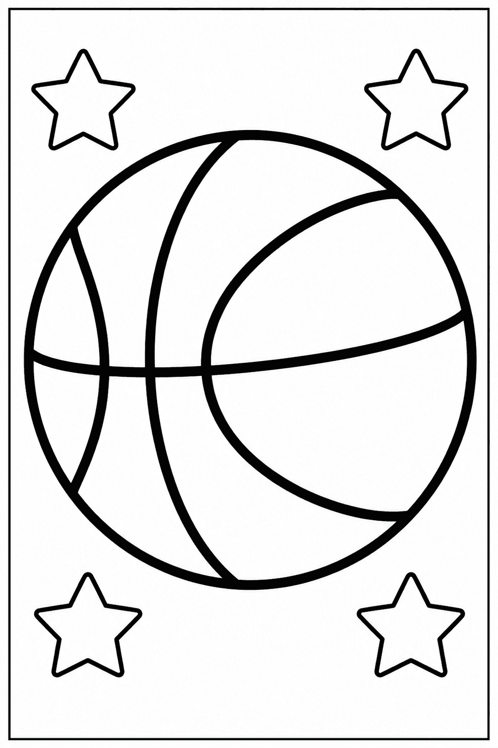 Basketball coloring page featuring a big basketball with bold curved lines and stars.