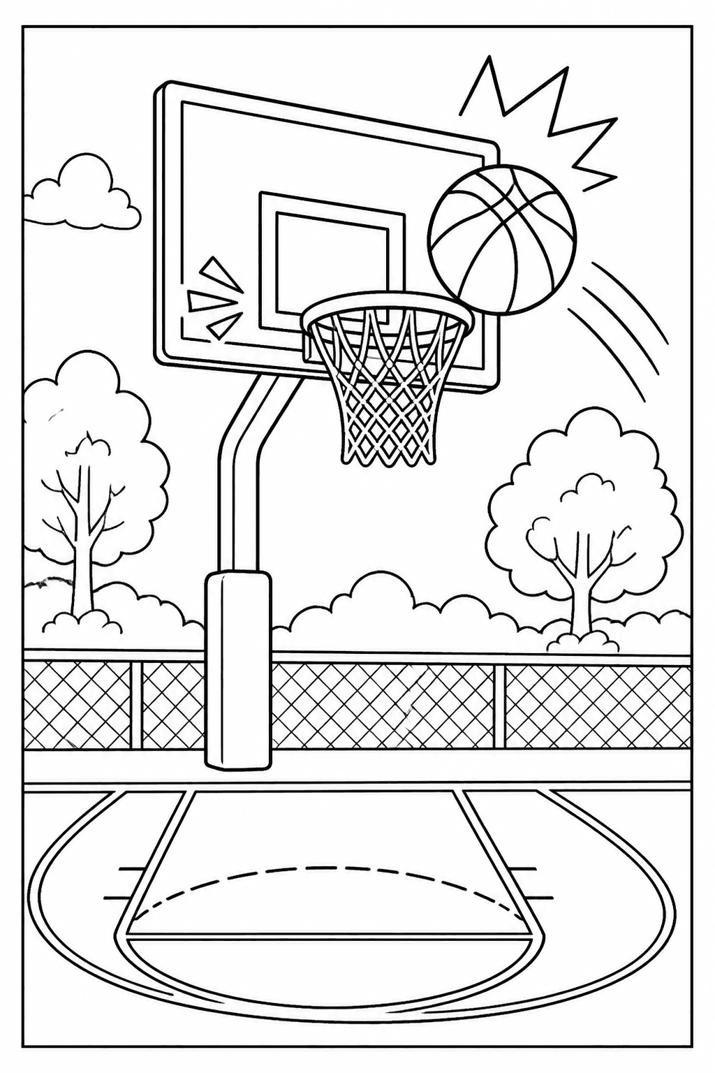 Basketball Hoop coloring page featuring a basketball hoop with a ball, court lines, and action marks.