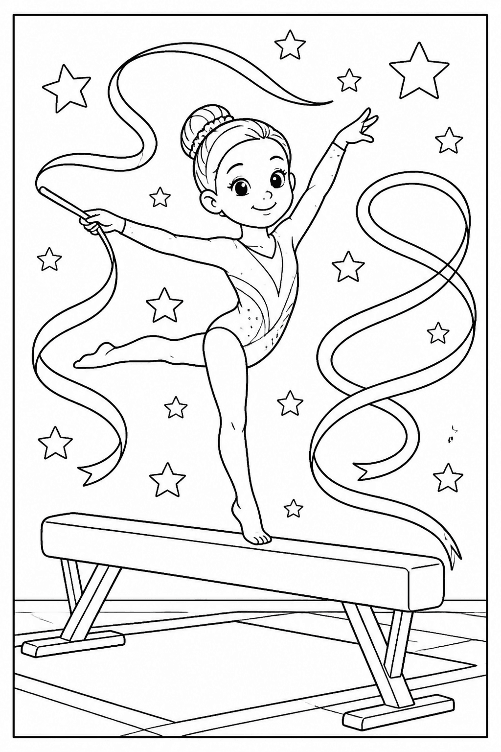 Gymnastics coloring page featuring a generic gymnastics scene with a balance beam, ribbons, and stars.