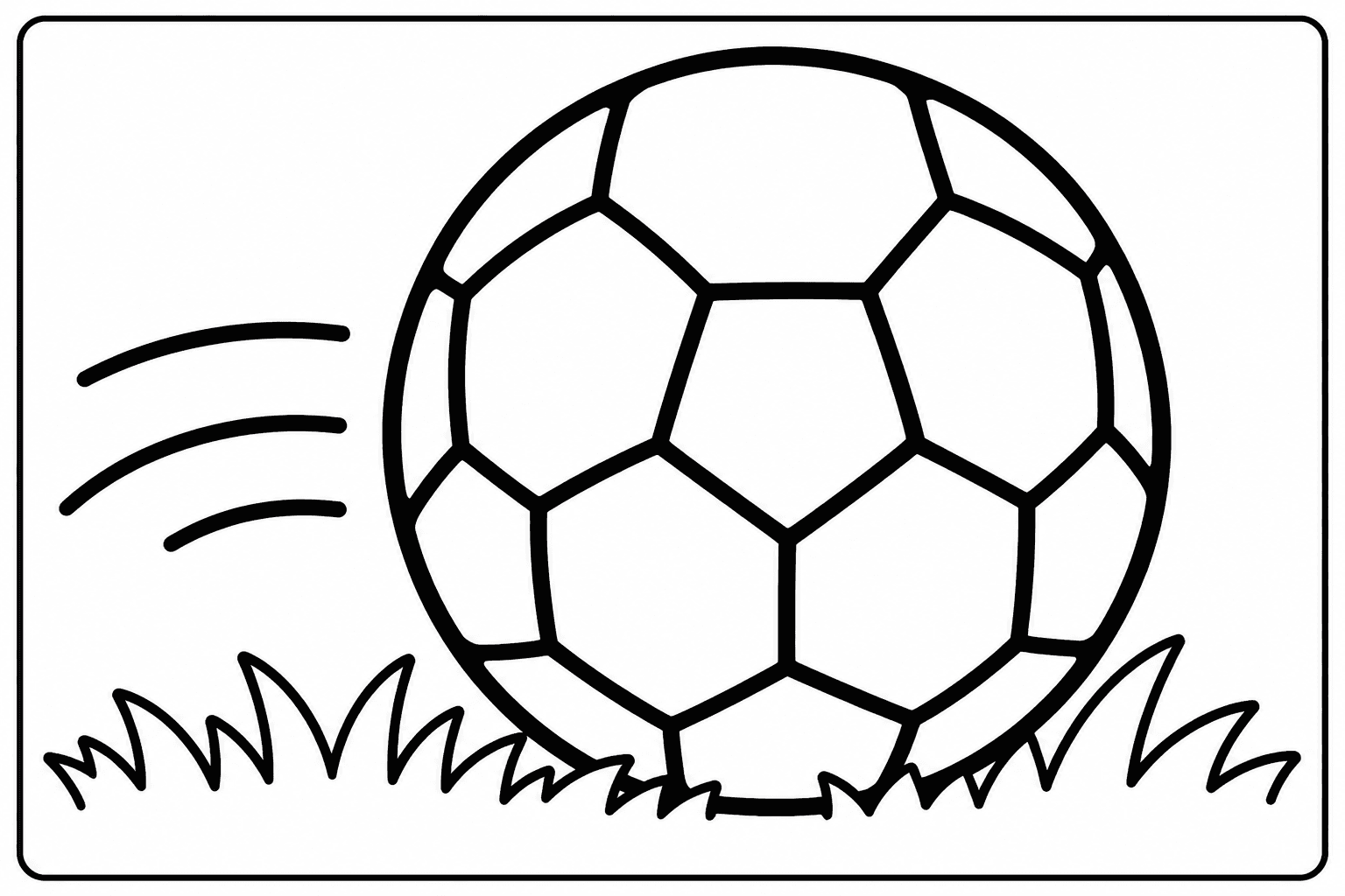 Soccer Ball coloring page featuring a large soccer ball with grass and simple motion lines.
