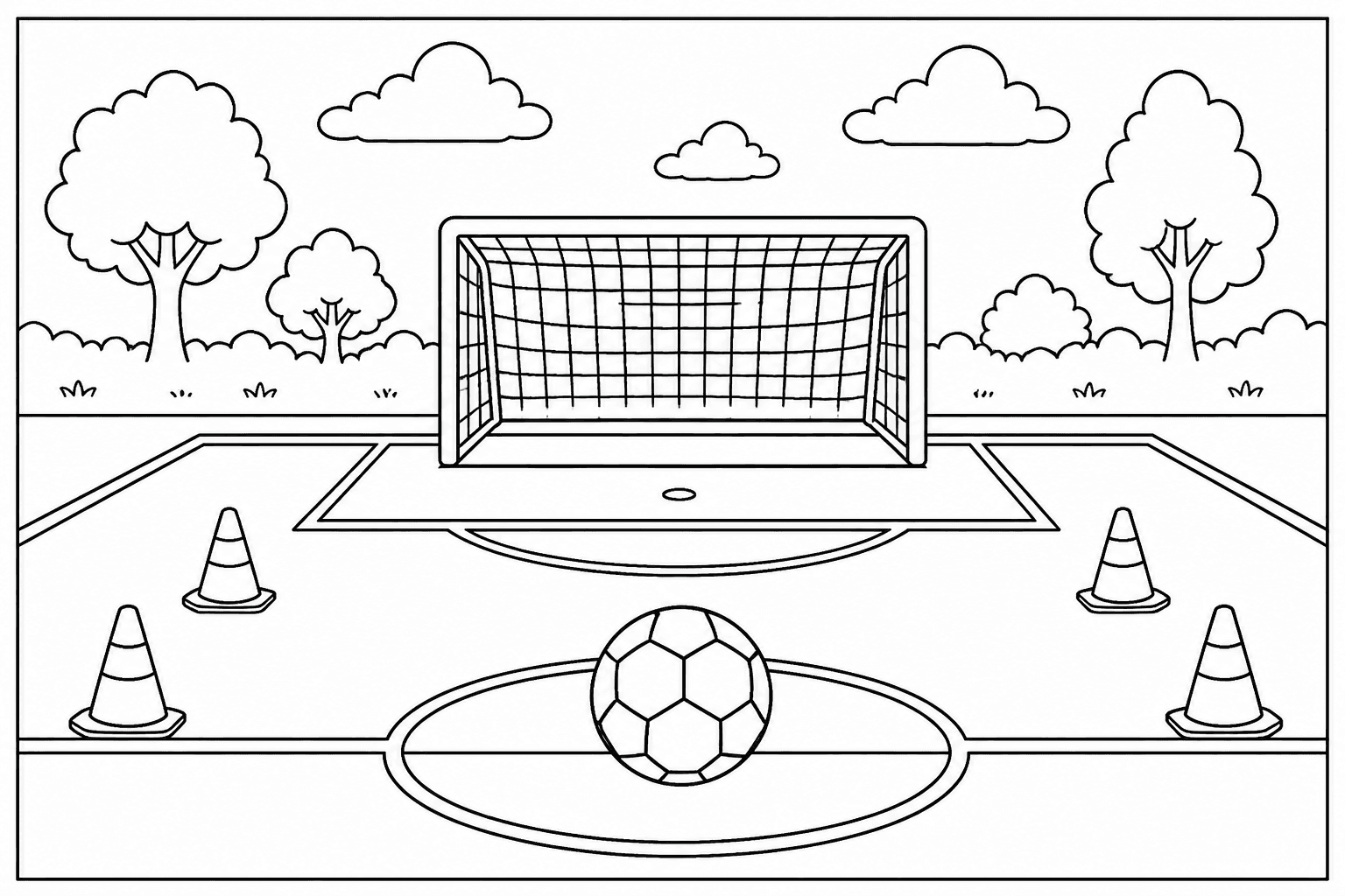 Soccer Field coloring page featuring a soccer field with a goal, ball, cones, and clouds.