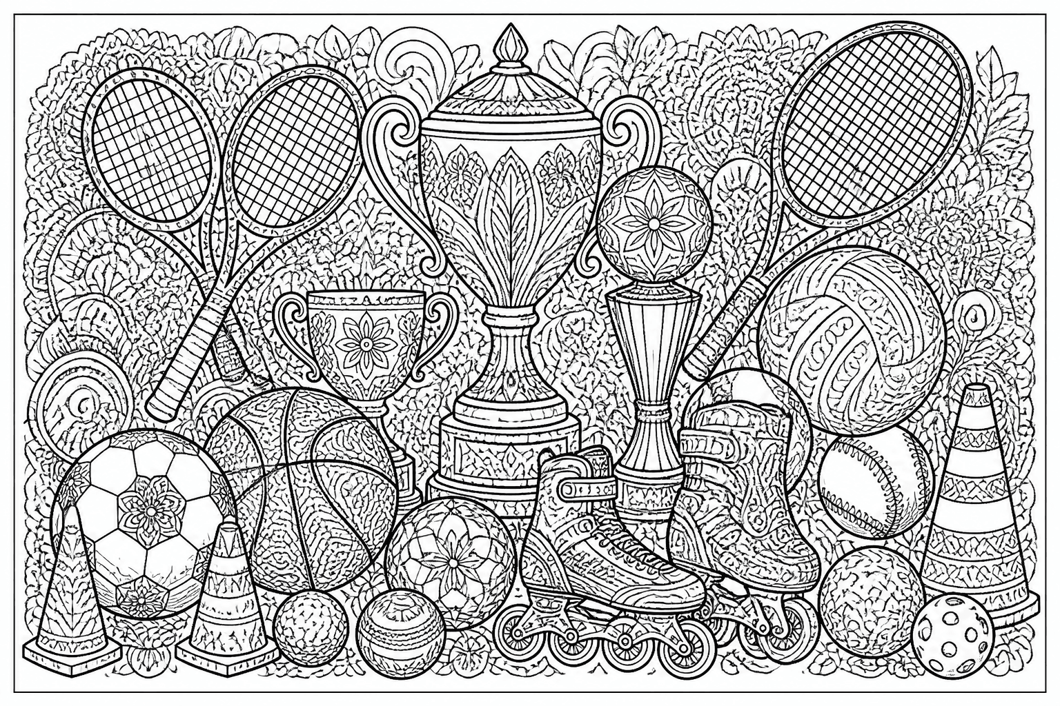 Sports Equipment coloring page featuring a detailed collection of balls, rackets, skates, cones, and trophies.