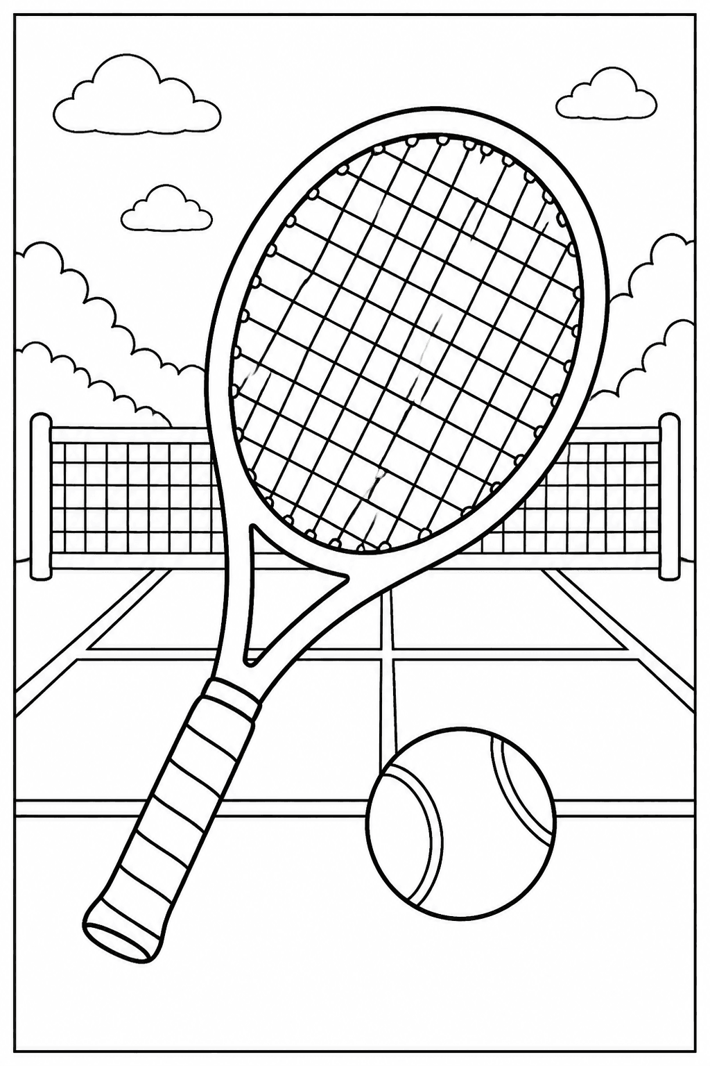 Tennis Racket coloring page featuring a tennis racket and ball on a court with simple net lines.
