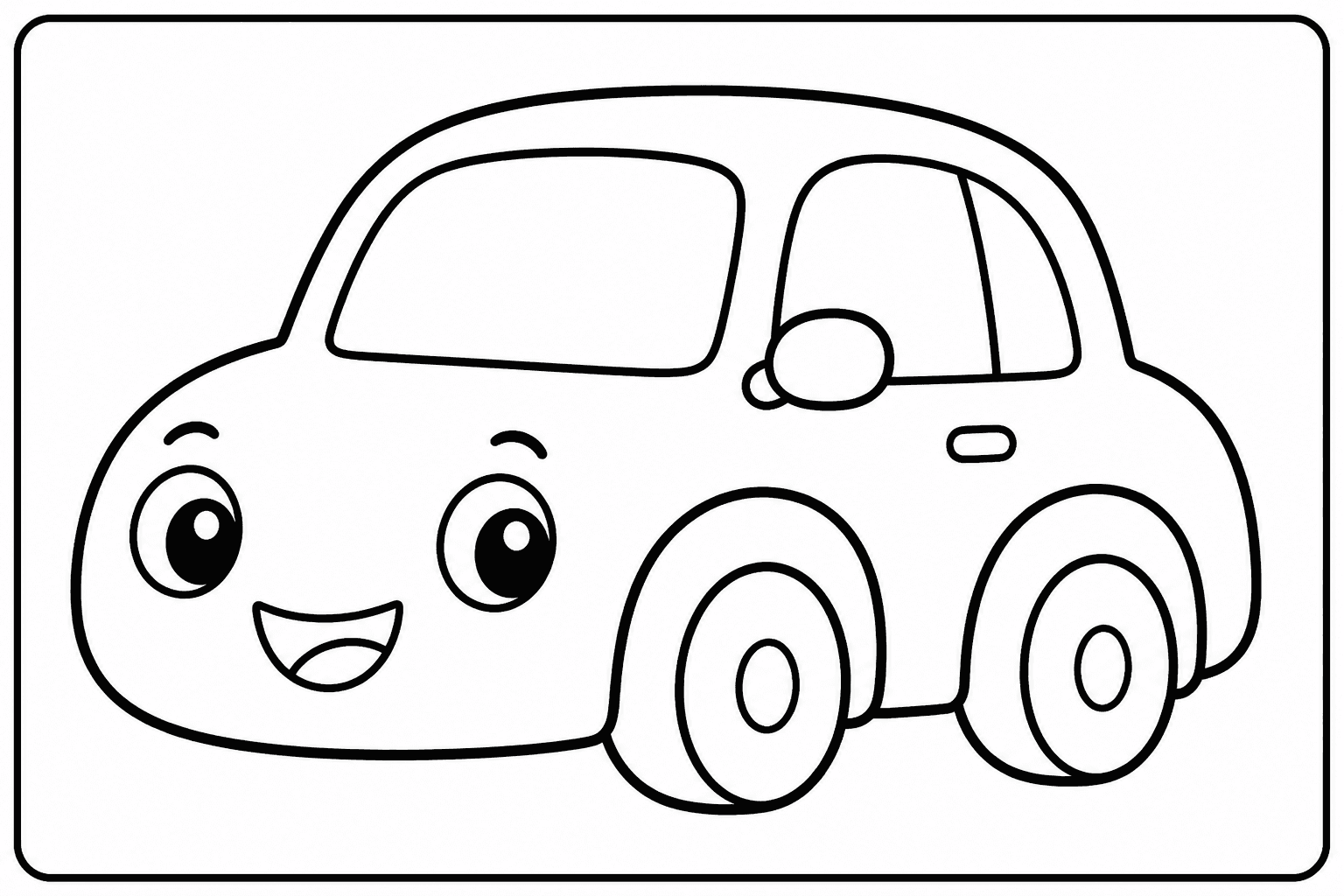 Easy car coloring page with a cute cartoon car and big round wheels.