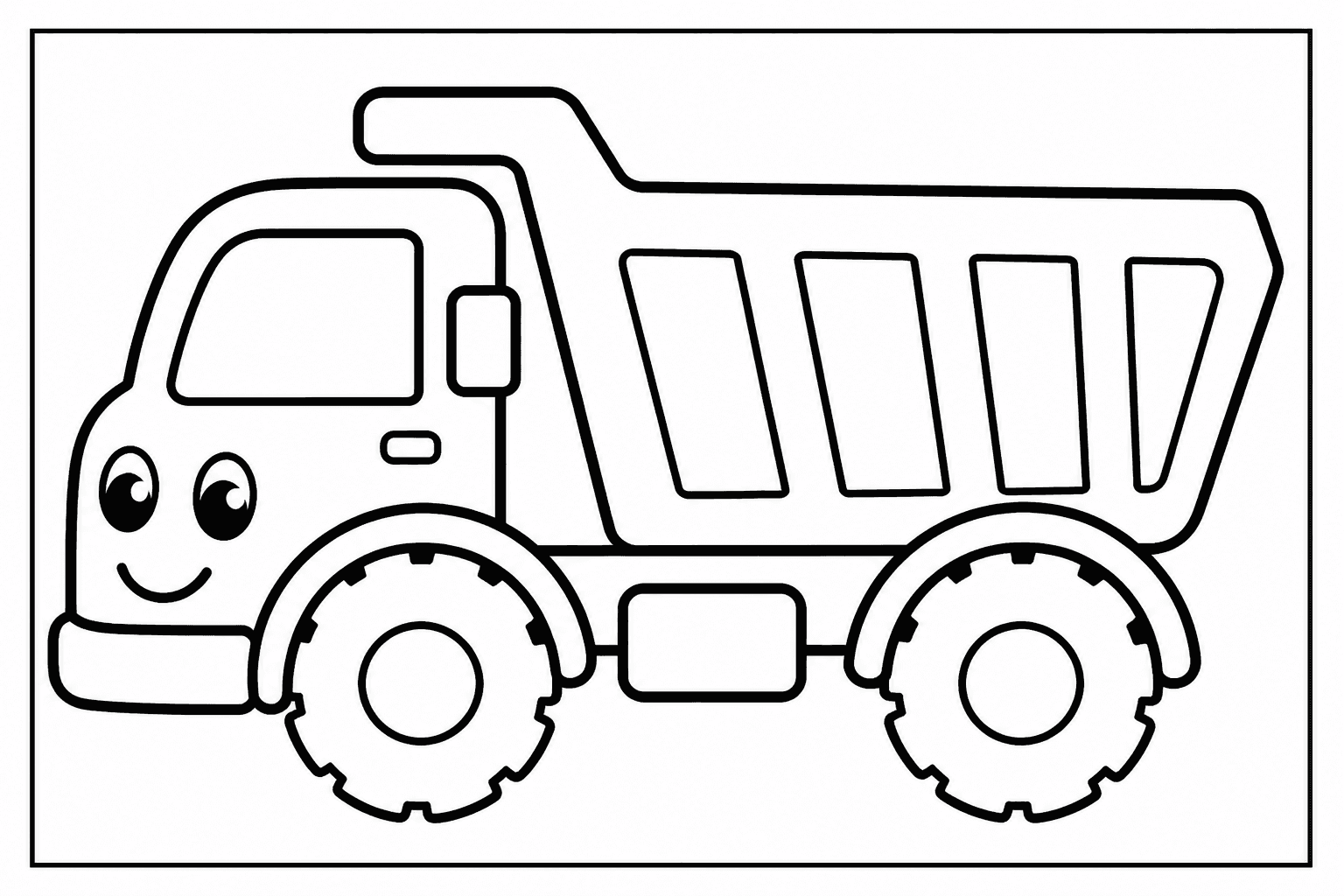 Easy dump truck coloring page with a cute simple truck and bold outlines.