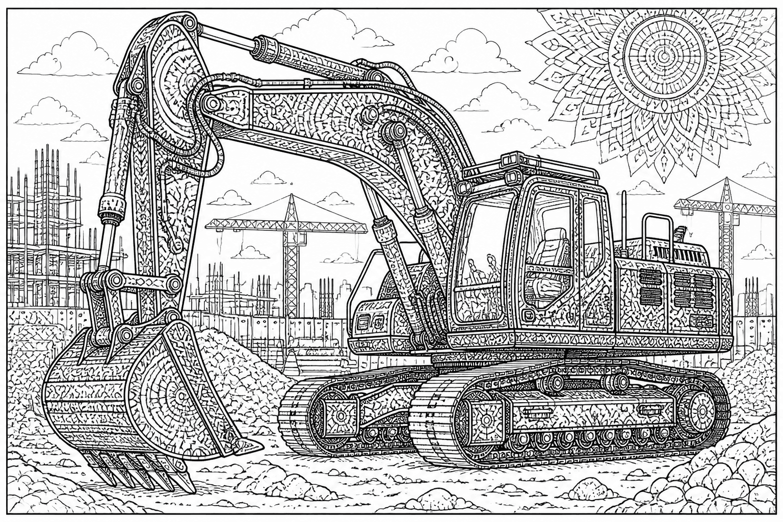 Detailed excavator coloring page with intricate machinery at a construction site.