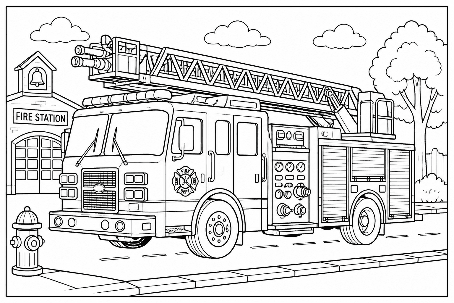 Fire truck coloring page with a detailed fire engine and ladder on a street.