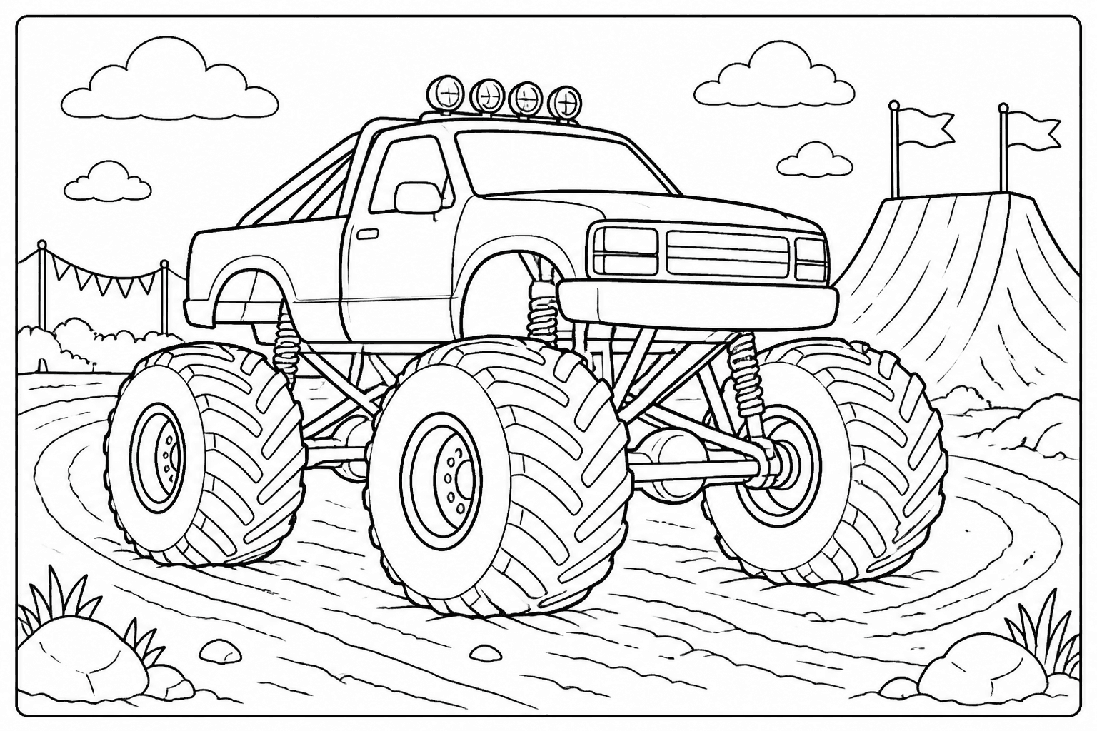 Monster Truck coloring page featuring a big generic monster truck with huge wheels and a dirt track.