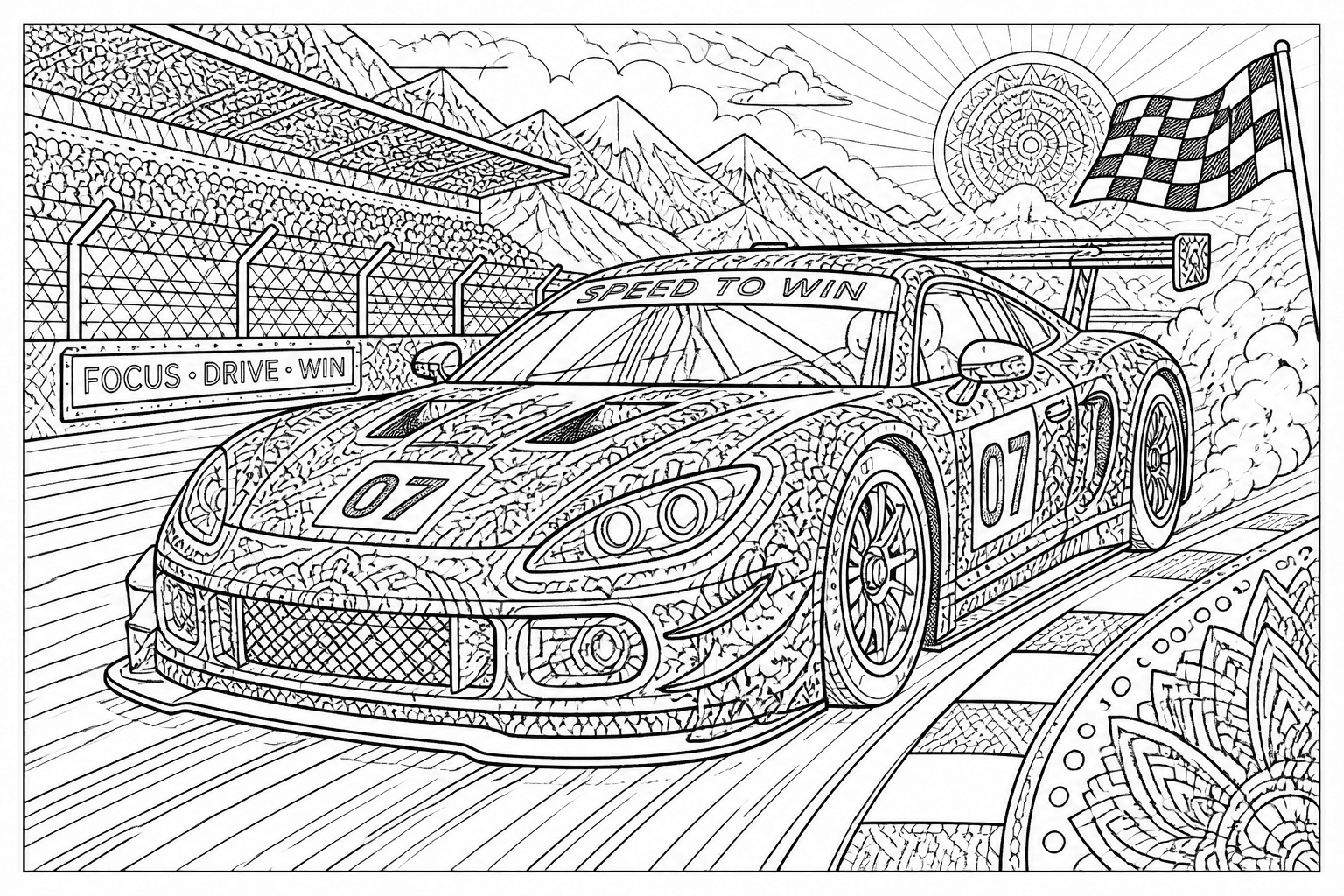 Detailed race car coloring page with track details and motion lines.